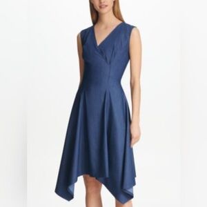 DKNY Denim V-Neck with Handkerchief Hem Medium Blue Dress 3/4 Back Zipper Size 4